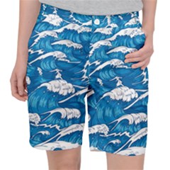 Storm-waves-seamless-pattern-raging-ocean-water-sea-wave-vintage-japanese-storms-print-illustration- Women s Pocket Shorts by uniart180623