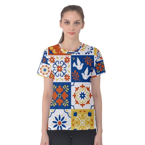 Mexican-talavera-pattern-ceramic-tiles-with-flower-leaves-bird-ornaments-traditional-majolica-style- Women s Cotton Tee by uniart180623