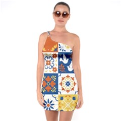 Mexican-talavera-pattern-ceramic-tiles-with-flower-leaves-bird-ornaments-traditional-majolica-style- One Shoulder Ring Trim Bodycon Dress by uniart180623
