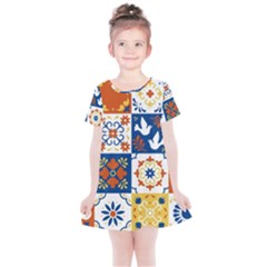 Mexican-talavera-pattern-ceramic-tiles-with-flower-leaves-bird-ornaments-traditional-majolica-style- Kids  Simple Cotton Dress by uniart180623