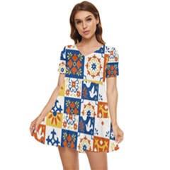 Mexican-talavera-pattern-ceramic-tiles-with-flower-leaves-bird-ornaments-traditional-majolica-style- Tiered Short Sleeve Babydoll Dress by uniart180623