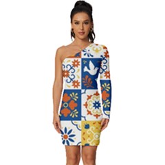 Mexican-talavera-pattern-ceramic-tiles-with-flower-leaves-bird-ornaments-traditional-majolica-style- Long Sleeve One Shoulder Mini Dress by uniart180623