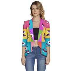 Monsters-emotions-scary-faces-masks-with-mouth-eyes-aliens-monsters-emoticon-set Women s 3/4 Sleeve Ruffle Edge Open Front Jacket by uniart180623