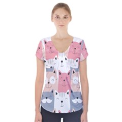 Cute Seamless Pattern With Cats Short Sleeve Front Detail Top by uniart180623