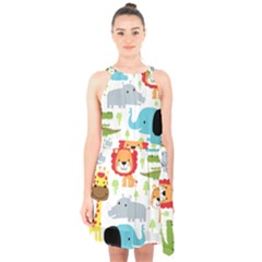 Seamless-pattern-vector-with-animals-cartoon Halter Collar Waist Tie Chiffon Dress by uniart180623