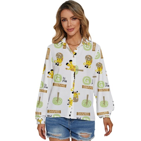 Vector-pattern-with-cute-giraffe-cartoon Women s Long Sleeve Button Up Shirt by uniart180623