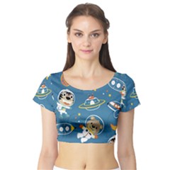 Seamless-pattern-funny-astronaut-outer-space-transportation Short Sleeve Crop Top by uniart180623