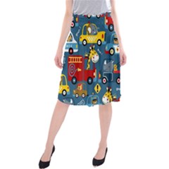 Seamless-pattern-vehicles-cartoon-with-funny-drivers Midi Beach Skirt by uniart180623