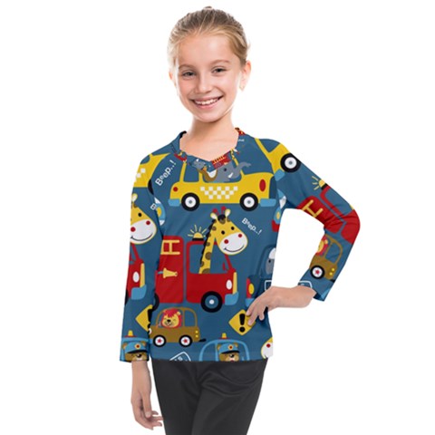Seamless-pattern-vehicles-cartoon-with-funny-drivers Kids  Long Mesh Tee by uniart180623