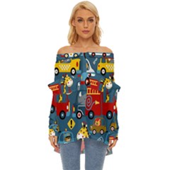 Seamless-pattern-vehicles-cartoon-with-funny-drivers Off Shoulder Chiffon Pocket Shirt by uniart180623