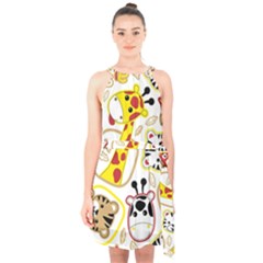 Vector-seamless-pattern-nice-animals-cartoon Halter Collar Waist Tie Chiffon Dress by uniart180623