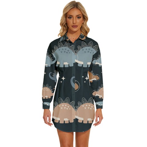 Dino Art Pattern Design Wallpaper Background Womens Long Sleeve Shirt Dress by uniart180623