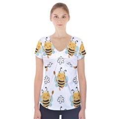 Art Bee Pattern Design Wallpaper Background Short Sleeve Front Detail Top by uniart180623