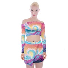 Waves Ocean Sea Tsunami Nautical Off Shoulder Top With Mini Skirt Set by uniart180623