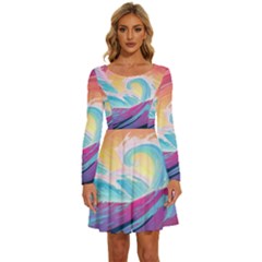 Waves Ocean Sea Tsunami Nautical Long Sleeve Wide Neck Velvet Dress by uniart180623