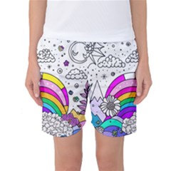 Rainbow Fun Cute Minimal Doodle Drawing Art Women s Basketball Shorts by uniart180623