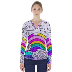 Rainbow Fun Cute Minimal Doodle Drawing Art V-neck Long Sleeve Top by uniart180623