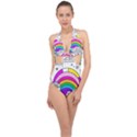 Rainbow Fun Cute Minimal Doodle Drawing Art Halter Front Plunge Swimsuit View1