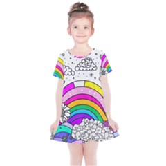 Rainbow Fun Cute Minimal Doodle Drawing Art Kids  Simple Cotton Dress by uniart180623