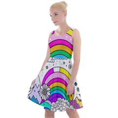 Rainbow Fun Cute Minimal Doodle Drawing Art Knee Length Skater Dress by uniart180623