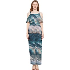 Tsunami Waves Ocean Sea Water Rough Seas Draped Sleeveless Chiffon Jumpsuit by uniart180623
