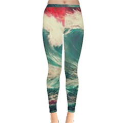 Storm Tsunami Waves Ocean Sea Nautical Nature Painting Inside Out Leggings by uniart180623