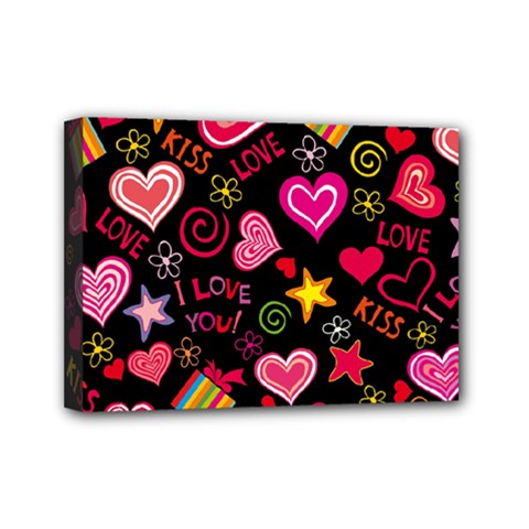 Multicolored Love Hearts Kiss Romantic Pattern Mini Canvas 7  X 5  (stretched) by uniart180623