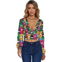 Cat Funny Colorful Pattern Long Sleeve Deep-v Velour Top by uniart180623