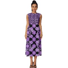 Bitesize Flowers Pearls And Donuts Lilac Black Sleeveless Round Neck Midi Dress by Mazipoodles