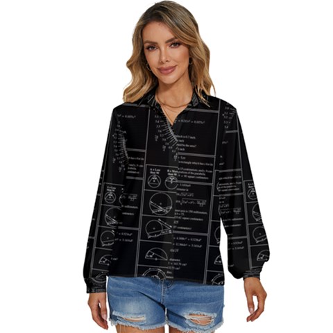 Black Background With Text Overlay Mathematics Trigonometry Women s Long Sleeve Button Up Shirt by uniart180623