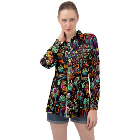 Cartoon Monster Pattern Abstract Background Long Sleeve Satin Shirt by uniart180623