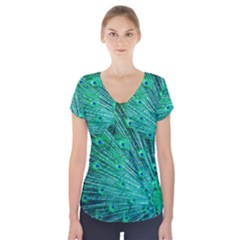 Green And Blue Peafowl Peacock Animal Color Brightly Colored Short Sleeve Front Detail Top by uniart180623
