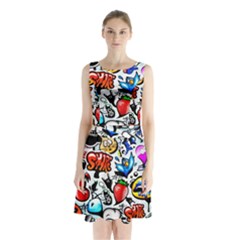 Graffiti Art Cartoon Comic Sleeveless Waist Tie Chiffon Dress by uniart180623
