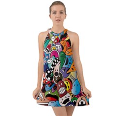 Cartoon Explosion Cartoon Characters Funny Halter Tie Back Chiffon Dress by uniart180623