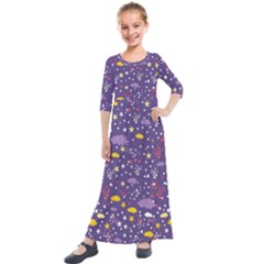 Pattern Cute Clouds Stars Kids  Quarter Sleeve Maxi Dress by Simbadda