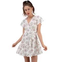 Cute Pattern With Easter Bunny Egg Flutter Sleeve Wrap Dress by Simbadda