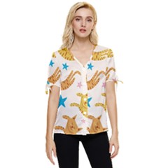 Cute Cats Seamless Pattern With Stars Funny Drawing Kittens Bow Sleeve Button Up Top by Simbadda