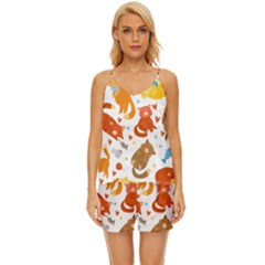 Seamless Pattern With Kittens White Background V-neck Satin Pajamas Set by Simbadda
