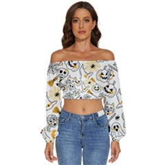 Funny Hand Drawn Halloween Pattern Long Sleeve Crinkled Weave Crop Top by Simbadda