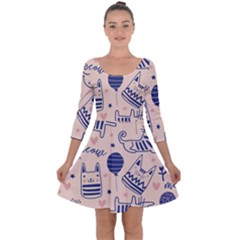 Cute Cats Doodle Seamless Pattern With Funny Characters Quarter Sleeve Skater Dress by Simbadda