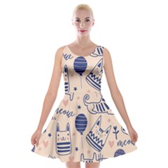 Cute Cats Doodle Seamless Pattern With Funny Characters Velvet Skater Dress by Simbadda