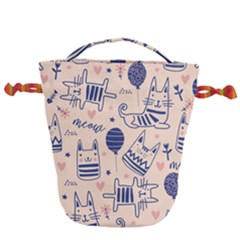 Cute Cats Doodle Seamless Pattern With Funny Characters Drawstring Bucket Bag by Simbadda