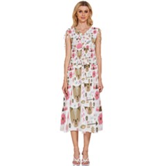 Pink Animals Pattern V-neck Drawstring Shoulder Sleeveless Maxi Dress by Simbadda