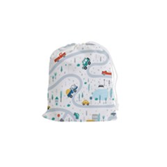 Cute Children Seamless Pattern With Cars Road Park Houses White Background Illustration Town Cartooo Drawstring Pouch (small) by Simbadda