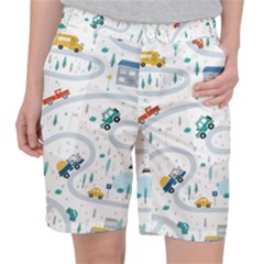 Cute Children Seamless Pattern With Cars Road Park Houses White Background Illustration Town Cartooo Women s Pocket Shorts by Simbadda