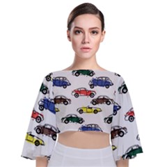 Cars Pattern Tie Back Butterfly Sleeve Chiffon Top by Simbadda