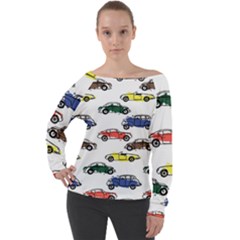 Cars Pattern Off Shoulder Long Sleeve Velour Top by Simbadda