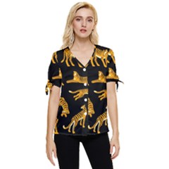 Seamless Exotic Pattern With Tigers Bow Sleeve Button Up Top by Simbadda