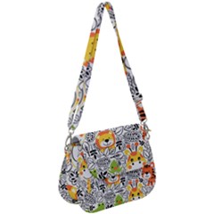 Seamless Pattern With Wildlife Cartoon Saddle Handbag by Simbadda