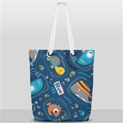 Seamless Pattern Vector Submarine With Sea Animals Cartoon Full Print Rope Handle Tote (small) by Simbadda